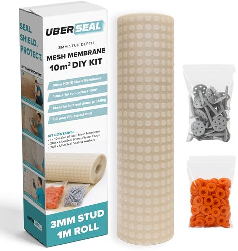UberSeal 3mm Mesh Damp Proof Membrane Kit – 10m² Internal Wall Waterproofing Solution – Includes 100 Plaster Plugs & 100 Sealing Washers – Mould Resistant