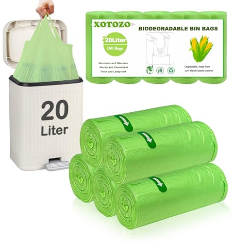 160 Count Biodegradable Bin Liners, 20 Litre Bin Bags with Tie Handle | 4-6 Gallon/20L Food Waste Bags for Pedal Bins, Leakproof and Tear-Resistant Compostable, Recycled Trash Bag (Green 52 x 63cm)