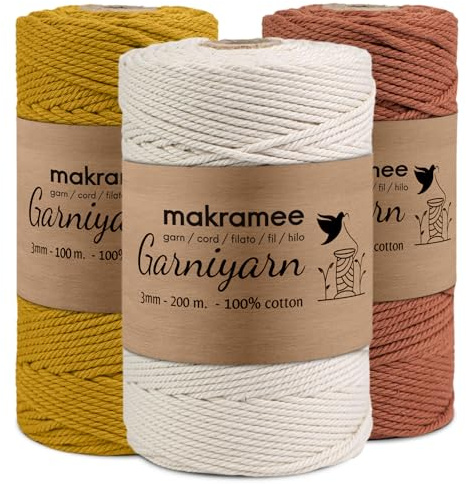 GARNIYARN Makramee Garn 3mm Premium – 400m Baumwollkordel 100% Baumwolle für Makramee Wandbehang, Pflanzenhänger, Hakeln & DIY Basteln – Natural/Terracotta/Ocher