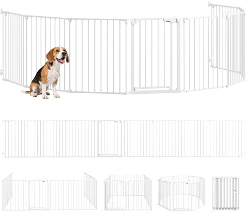 PawHut Barrera para Perros Plegable 488x75 cm 8 Paneles para Niños Blanco | Valla para Mascotas, Puerta con Cierre Doble, Barrera de Seguridad, para Escalera, Pasillo, Perros Pequeños y Medianos