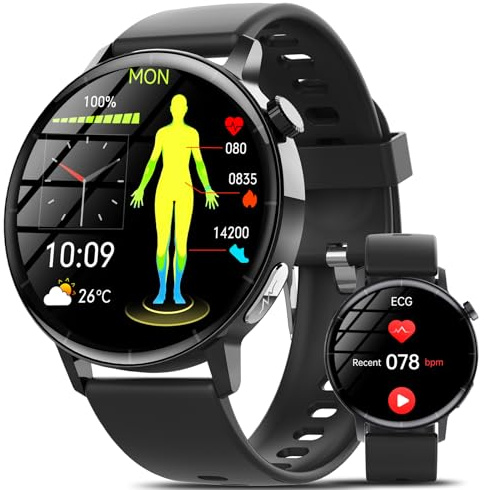 Smartwatch Herren mit EKG+HRV/Blutdruckmessung/Harnsäure/BMI, 1.41'' Rund Gesundheitsuhr mit Bluetooth Anrufe, 24H Herzfrequenz/Temperatur/SPO₂/Schlafmonitor, 150 Sportmodi, SOS-Notruf für iOS Android
