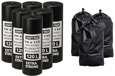 6 Rollen Müllsäcke Typ 70 – 70×110 cm – 120 Liter – Extra Strong – 3 Rollen à 15 Stück (90 Stück) – LDPE – Beton Schwarz – Reißfest & Durchstoßfest