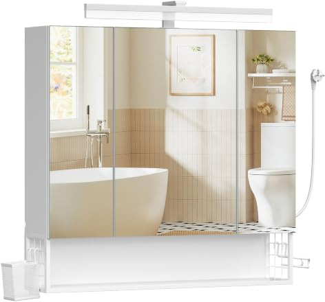 VASAGLE Armario de Baño con Espejo 3 Puertas, Mueble de Pared con Espejo, Enchufe, Cesta Colgante, Soporte para Secador de Pelo, para Baño, Lavabo, Blanco Mate BBK146WB01