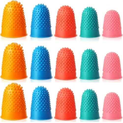 15PCS Rubber Finger Thimbles for Fingertip Protection, Multi-Size and Multi-Color Reusable Finger Guards, Anti-Slip Rubber Thumb and Finger Protectors for Writing, Sorting, Crafting and Office Tasks