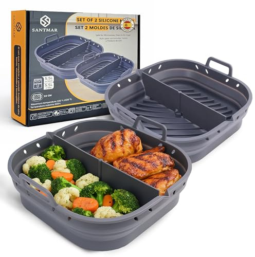 SANTMAR Pack 2 Moldes de Silicona Cuadrados Freidora de Aire 22×22 cm con Separador – Plegables, Antiadherentes, Canales Antigrasa, BPA Free, Apto Horno/Microondas/Lavavajillas (5,5–7 L) (Gris)