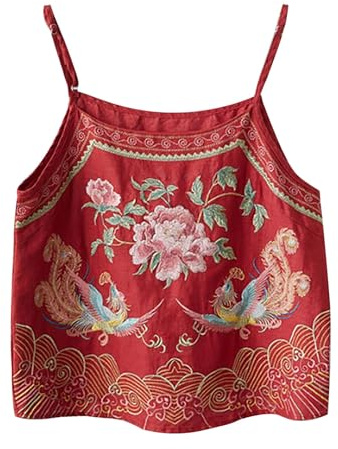 Débardeur sans manches en coton et lin pour femme, chemise chinoise dos nu, chemisier brodé Y2K, camisole à bretelles spaghetti, Tops en coton et lin rouges pour femmes, M