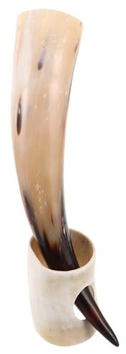 FRCOLOR Juego de Vaso Vikingo de Cuerno de Buey Natural 380 Ml con Soporte de Madera, Taza Antigua para Beber Hidromiel y Cerveza, Decoración Rústica Vintage para Amantes Cerveza