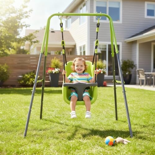 QSOST Balançoire Bébé – Balancelle pour Bébé de 6 à 24 Mois – Siège Confortable avec Harnais de Sécurité – Structure Métal Robuste – Intérieur et Extérieur – Vert
