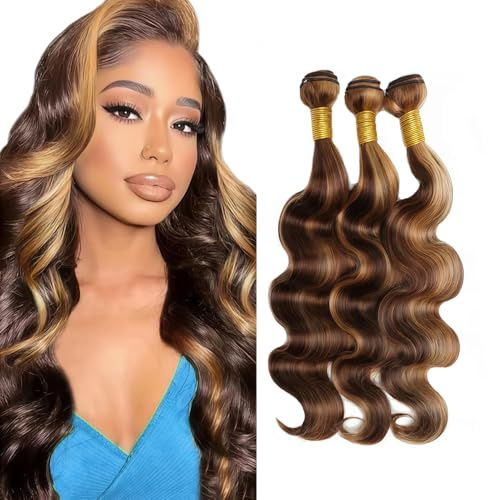 Tuheerst Human Hair Bundles 24 26 28 Inch No Tangle P4/27 Highlight Blonde Color Body Wave 50g Per Bundle Total 150g Soft and Silky No Shedding Human Hair Extension
