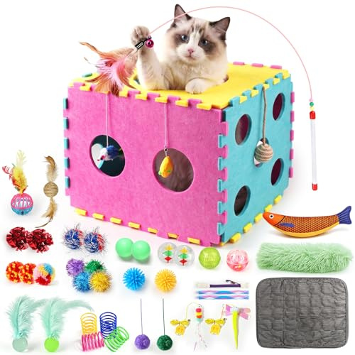 CENOVE 41 Jouets interactifs pour Chats d'intérieur – Comprenant Un Tapis Moelleux, des Jouets d'auto-Divertissement, Une Corde à mâcher, Une Canne à pêche, Un Jouet à Plumes et diverses balles
