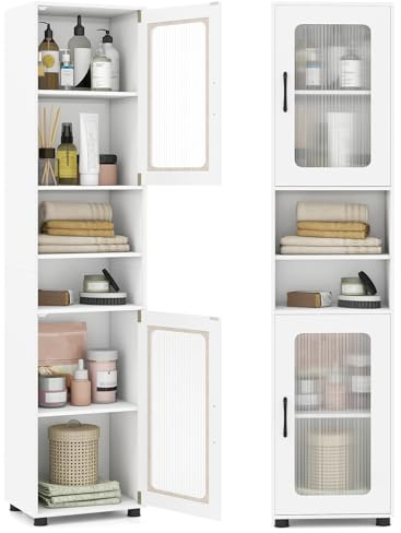 COSTWAY Badrumsskåp, högskåp med 2 genomskinliga glasdörrar, badrumsskåp med justerbara hyllor och 2 öppna fack, förvaringsskåp för vardagsrum och kök, 40 x 30 x 170 cm (vit)