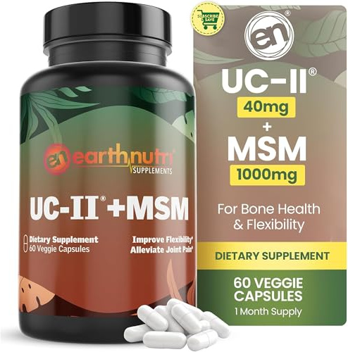 EarthNutri UC-II Collagen & MSM Supplement for Bone Health and Joint Flexibility Joint Supplement - 40mg UC-II Providing 10mg Total Collagen & 1000mg MSM - 60 Capsules (2 Caps Daily)