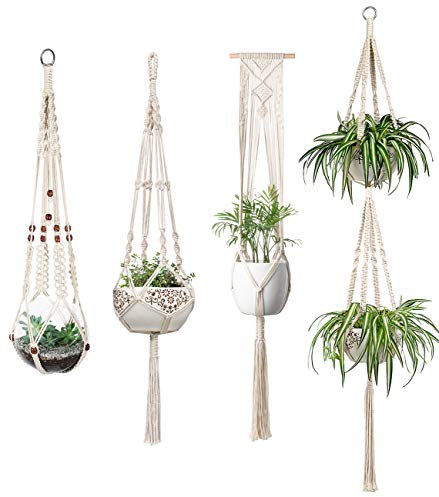 Mkouo Blumenampel Makramee Pflanzenhalter Set of 4 Indoor Wandbehang Pflanzer Korb Blumentopf Halter Boho Home Decor Geschenkbox, Beige