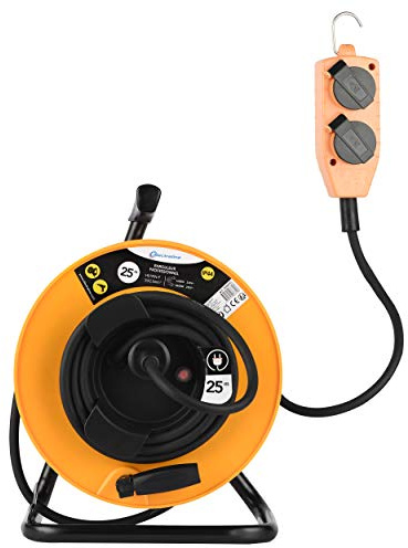 Electraline Pro-Line 208670 Enrouleur Electrique Professional, 3G2,5mm, 25 MT, avec Bloc 4 Prises Mobile, Platin Fixe, Jaune/Noir