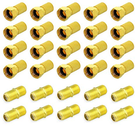 F-Stecker 6,5-7 mm + F-Doppelbuchse Vergoldet Kupplung Sat TV Antennen Koaxialkabel Verbinder (20x F-Stecker + 10x Doppelbuchse)