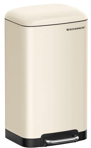 SONGMICS Pattumiera da cucina, 30 l, pattumiera in acciaio con pedale, coperchio e secchio interno, chiusura in morbidezza, bianco nuvola LTB001A01