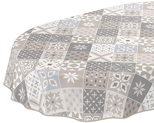 ANRO Tischdecke Wachstuch abwaschbar Wachstuchtischdecke Wachstischdecke Kacheloptik Fliese Beige Grau Blau Oval 180x140cm mit Saum - Eingefasst