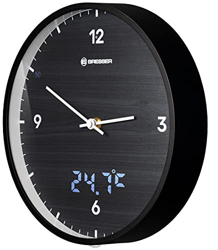 Bresser MyTime Wanduhr mit Funk ohne Tickgeräusche mit 24 cm großem Ziffernblatt, LED Sekundenanzeige, Innentemperatur und geräuschlosem Funkuhrwerk, schwarz