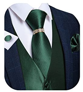 DiBanGu Herren-Anzugweste, formelle Herrenweste, Paisleymuster, Jacquard-Weste, Einstecktuch, Set mit Bindering, Hochzeit, Party, 5 Stück, Dunkelgrün, Large