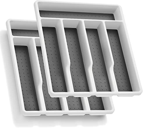 HaWare Besteckkasten aus Kunststoff, 2 Stück, Besteck-Organizer mit 5 Fächern, rutschfeste Besteckschublade für Zuhause, Küche, Büro, Utensilienablage für Löffel, Gabel, 32.5x29x4.5 cm, Weiß und Grau