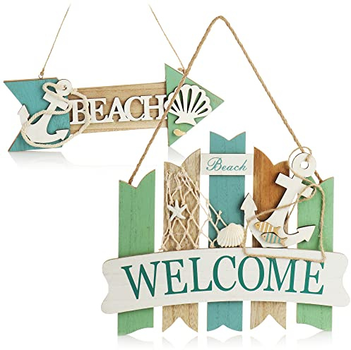 com-four® 2x Hängedeko aus Holz, Türschild im Küsten-Design | maritime Vintage Wanddeko für Bad - Küche - Flur - Wintergarten - Gästezimmer - dekorativer Aufhänger