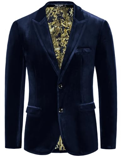 PJ PAUL JONES Men's Velvet Blazer Slim Fit Stylish Notch Lapel Suit Jacket 2 Button Sport Coats for Dinner Prom Wedding Party Navy XL