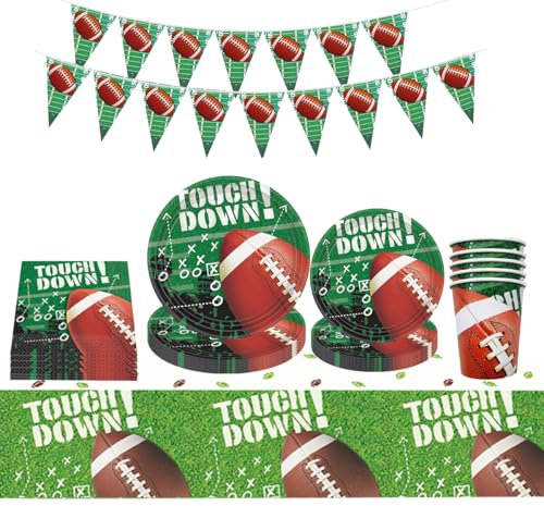 ZOOMPIL American Football Party geschirr, Fussball Geschirr Set, 70 Stück American Football Deko, Inklusive Teller, Tassen, Servietten, Tischdecken, Wimpel, Für American Football Geburtstag Party