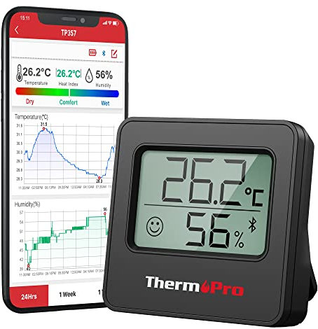 ThermoPro TP357 Bluetooth Hygrometer Mini Room Thermometer Indoor with Alerts, Humidity Meter and Temperature Monitor with Smart App and Data Recording with Humidity Sensor for Baby Room Office