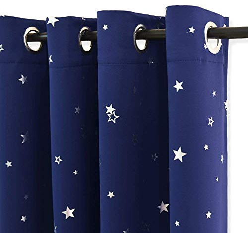 PONY DANCE Star Foil Printed Kids Curtains, Blue, 66x72 Inch | Eyelet Blackout Boys Curtains for Nursery & Bedroom, Thermal Insulated & Noise Reducing, Privacy Protected, 2 Panels