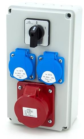 ELS Elektrotechnika - Distribuidor de corriente de pared con interruptor 0-1 y 2 x 230 V + 1 CEE 16A + cableado, listo para conectarse para garaje, taller, fábrica