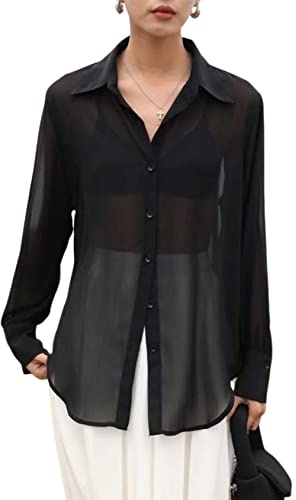 Arssm Camicia a maniche lunghe da donna con bottoni a rete trasparente, Maglia Rete a maniche lunghe per vedere attraverso sexy camicetta di base top, nero, M