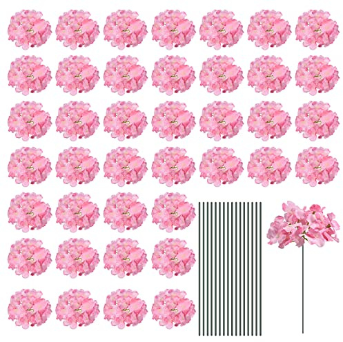 MECCANIXITY Silk Artificial Hydrangea Flowers, Pink Artificial Flowers Heads with Stems, Full Hydrangea Flowers for Wedding Centerpieces, Party Decoration 30 Set