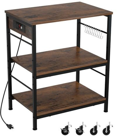 Bakers Rack with Power Outlet Kitchen Microwave Stand Cart 3 Tier Coffee Bar Table Kitchen Storage Shelf Rack with 10 S-Shaped Hooks for Living Room Dining Room Office Brown