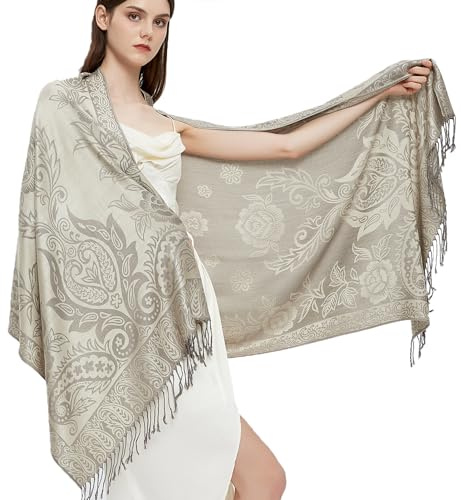 Gragengs Pashmina Schal Wrap mit ethnischen Paisley Two Tone Jacquard Schal für Damen,Paisley-Creme