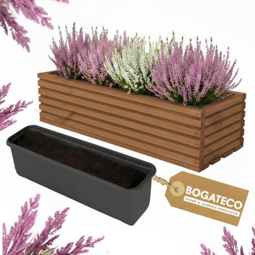 BOGATECO Blumenkasten aus Holz | Pflanzkasten | Blumentopf 44 x 20 x 14,5cm | Kräutertopf für zu Hause Garten Balkon Terrasse | Topf mit Kunststoffeinsatz | Imprägniert | Dunkelbraun