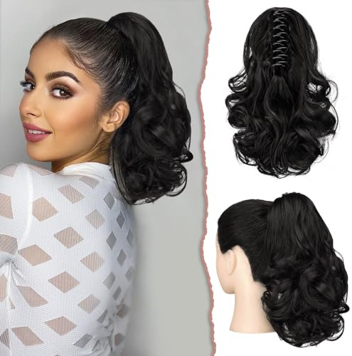 Sofeiyan Pferdeschwanz Verlängerung 28cm Klaue Clip in Pferdeschwanz Haarverlängerungen Kurz Lockig Gewellt Pferdeschwanz Extensions Synthetisches Haarteil für Frauen, Natürliches Schwarz