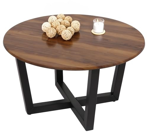 Mendler Couchtisch HWC-M61 Massiv-Holz Sheesham Holz-Optik, Dunkles Gestell | Beistelltisch, Sofatisch, HPL Laminat Melamin Ø80cm