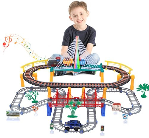 JONRRYIN Trenino Elettrico per Bambini, Set Pista Treno Elettrico per Bambini, Regalo Natale Compleanno (102 Pezzi)
