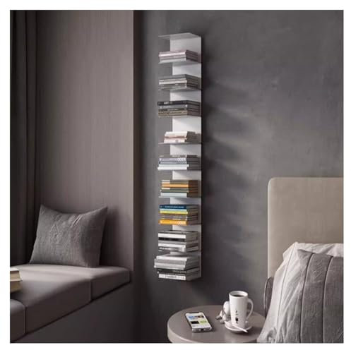 ASerZenith Bücherturm mit 9 Ebenen und vertikaler Wirbelsäule, schwebendes Bücherregal zur Wandmontage, robuste Buchorganisatoren aus Metall für das Home-Office und das Wohnzimmer,Weiß-23x160cm