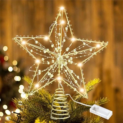 Seasboes Weihnachtsbaum Spitze Stern, Weihnachtsbaumspitze, Christbaumspitze, Weihnachtsbaum Topper Star, LED Weihnachten Baumspitze für Festliche Weihnachten zu Hause Weihnachtsbaum Deko(Gold)