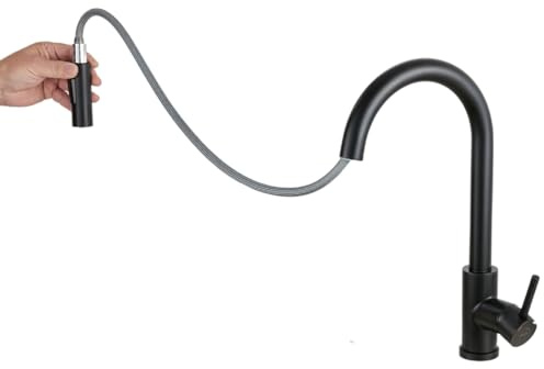 MILOT Kitchen Tap Matt Black Kitchen Taps Mixer with Pull Out Spray, Stainless Steel Sink Faucet 1 Hole 360° Swivel Spout Bar Taps | Matte Black