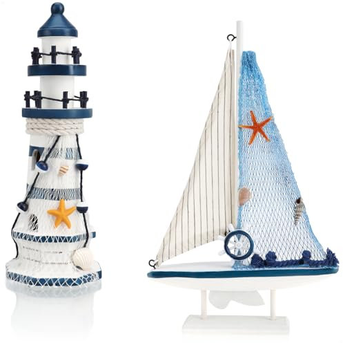 com-four® Set di Decorazioni marittime da 2 Pezzi - Veliero Decorativo in Legno e Faro per un'atmosfera Marittima nella Tua casa (02 Pezzi - Veliero + Faro Blu)
