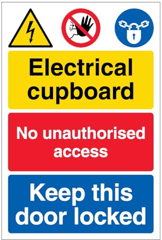V Safety Electrical cupboard/No unauthorised access/Keep this door locked 150 x 200mm - 2mm Rigid Plastic Safety Sign