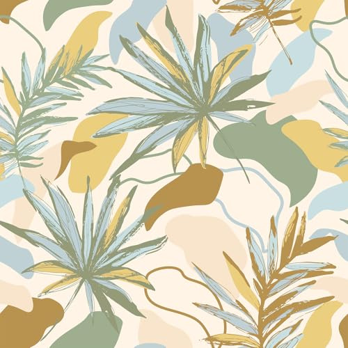 VaryFloral Möbelfolie Selbstklebend Hellgelb Beige 44.5cmx400cm Fototapete Blumen Wasserdicht Klebefolie Möbel Palmblätter Blume Tapete Selbstklebend Tropisch Klebefolie für Möbel Schlafzimmer
