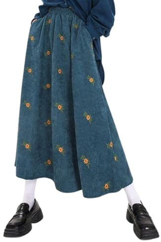 EEJBYTDI Jupe Longue en Velours côtelé avec Broderie Florale pour Femme, Jupe mi-Longue en Velours côtelé avec Poches, Jupe d'hiver avec Poches (XX-Large,Blue)