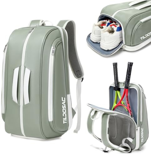 TILDOSAC Tennis/Padel Pickleball Backpack, Green-White, 12.4 x 7.87 x 20.28 inches, Sports Backpack with Shoe Compartment, Laptop Sleeve, Fence Hook, Ball Sleeve