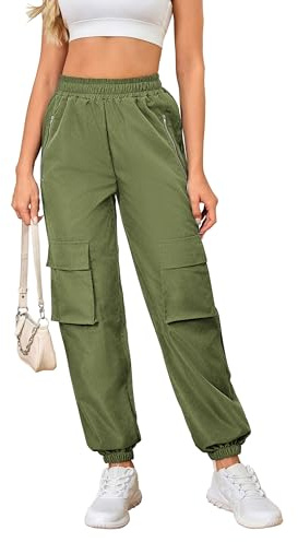 XKBHYD Pantaloni cargo da donna con elastico in vita con tasche con cerniera, pantaloni da paracadute, pantaloni casual da donna, pantaloni da combattimento per escursioni a piedi, Verde, XL