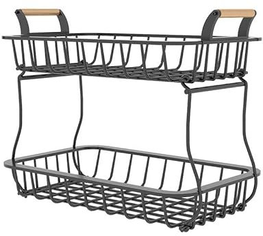 SIBOMTEX 2 Tier Fruit Storage Basket Kitchen Countertop Organizer with Wooden Handle Mesh Carbon Steel Bowl for Bread Vegetable Fruit Basket Detachable Metal Rectangular We Basket