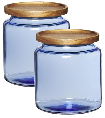 Anchor Hocking Coastal Blue Montana Jar set with lids (2-piece, 96-ounces, acacia wood lid)