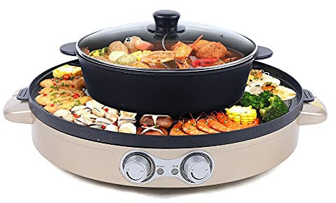 Hot Pot électrique 2 en 1 multifonction Hotpot et raclette - Élément chauffant en acier inoxydable pour 5 personnes - Barbecue coréen - Revêtement antiadhésif - Hotpot pour mijoter, cuisiner, rôtir
